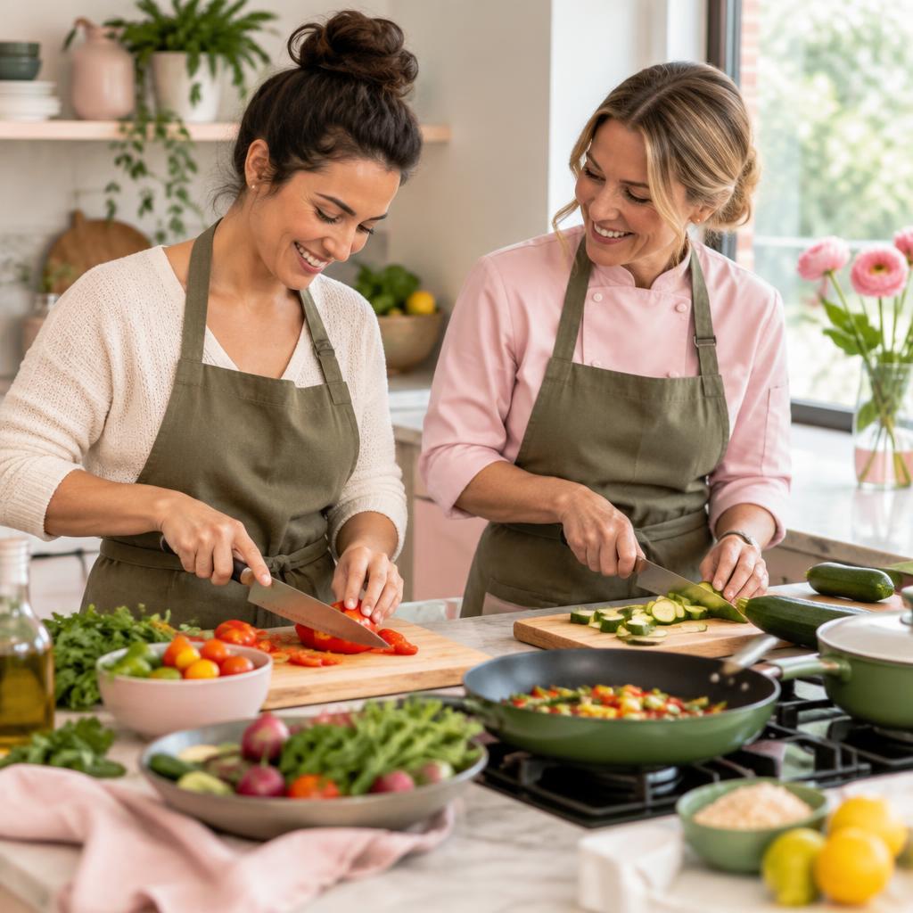 Instructor and student chopping vegetables together in a kitchen