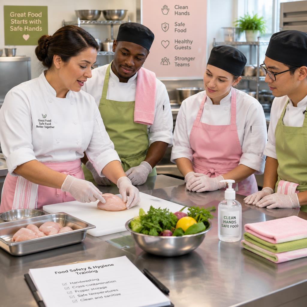 Kitchen staff practicing safe food handling during training