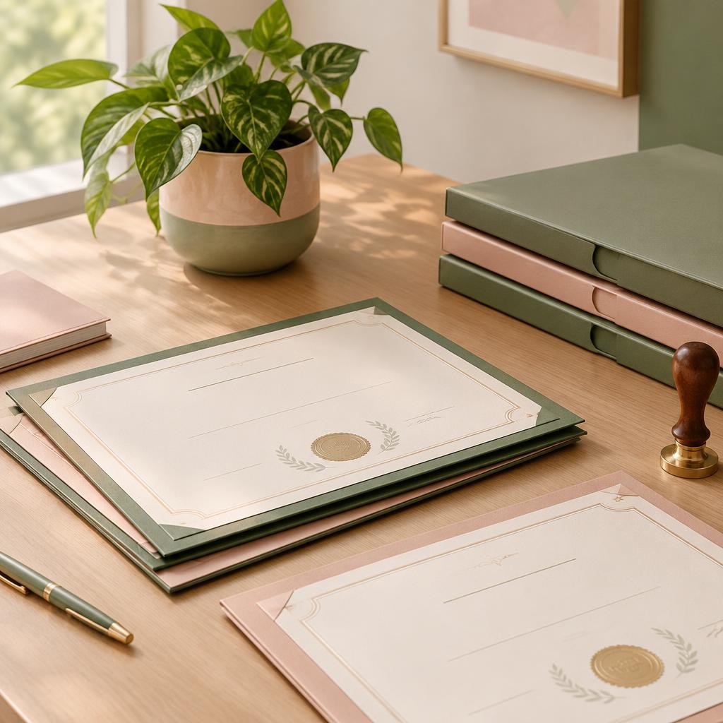 Business certificates and folders on a desk